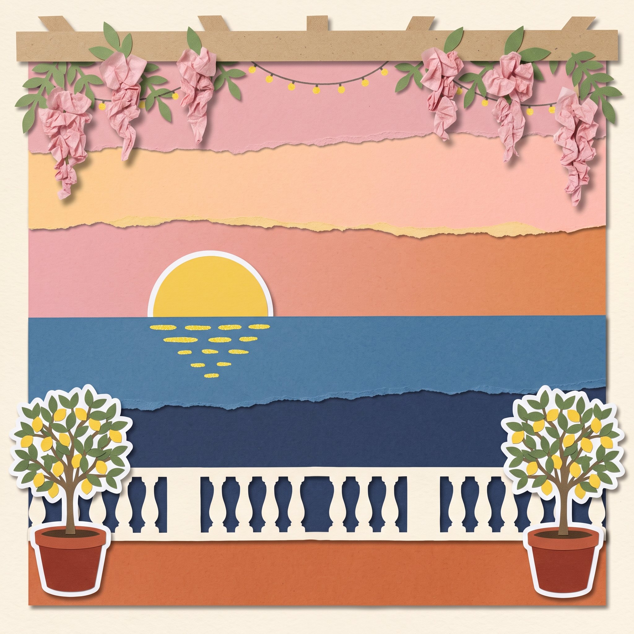 Paper-collage terrace at sunset with tissue-paper wisteria, potted lemon tree stickers, and torn-paper sea